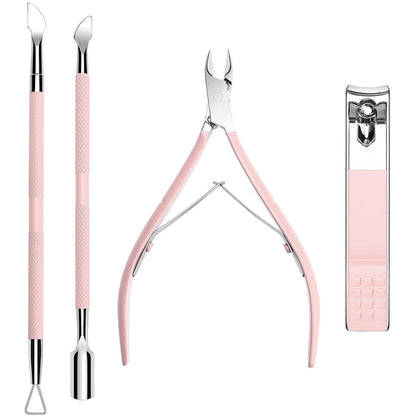 Professional Cuticle Nipper Set – 4 PCS Stainless Steel Cuticle Trimmer with Pusher and Nail Clipper for Manicure & Pedicure, Pink