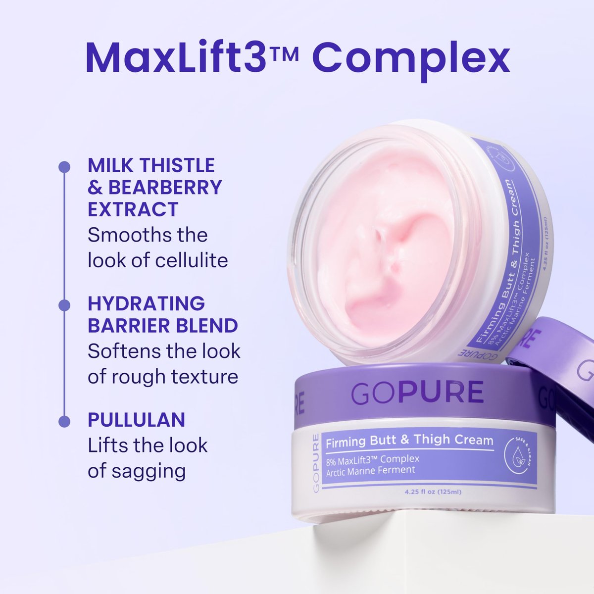goPure Firming Butt & Thigh Cream - Skin Tightening Cream with 8% MaxLift3 Complex, Visibly Smooths Stretch Marks & Cellulite, Clinically Tested Avelisse