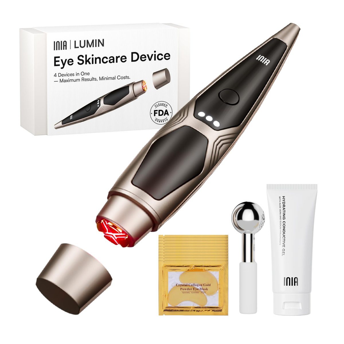 INIA 4-in-1 Eye Massager Tool – Under Eye Red Light Therapy, Heat & Vibration for Dark Circles, Puffiness & Skin Firming Avelisse