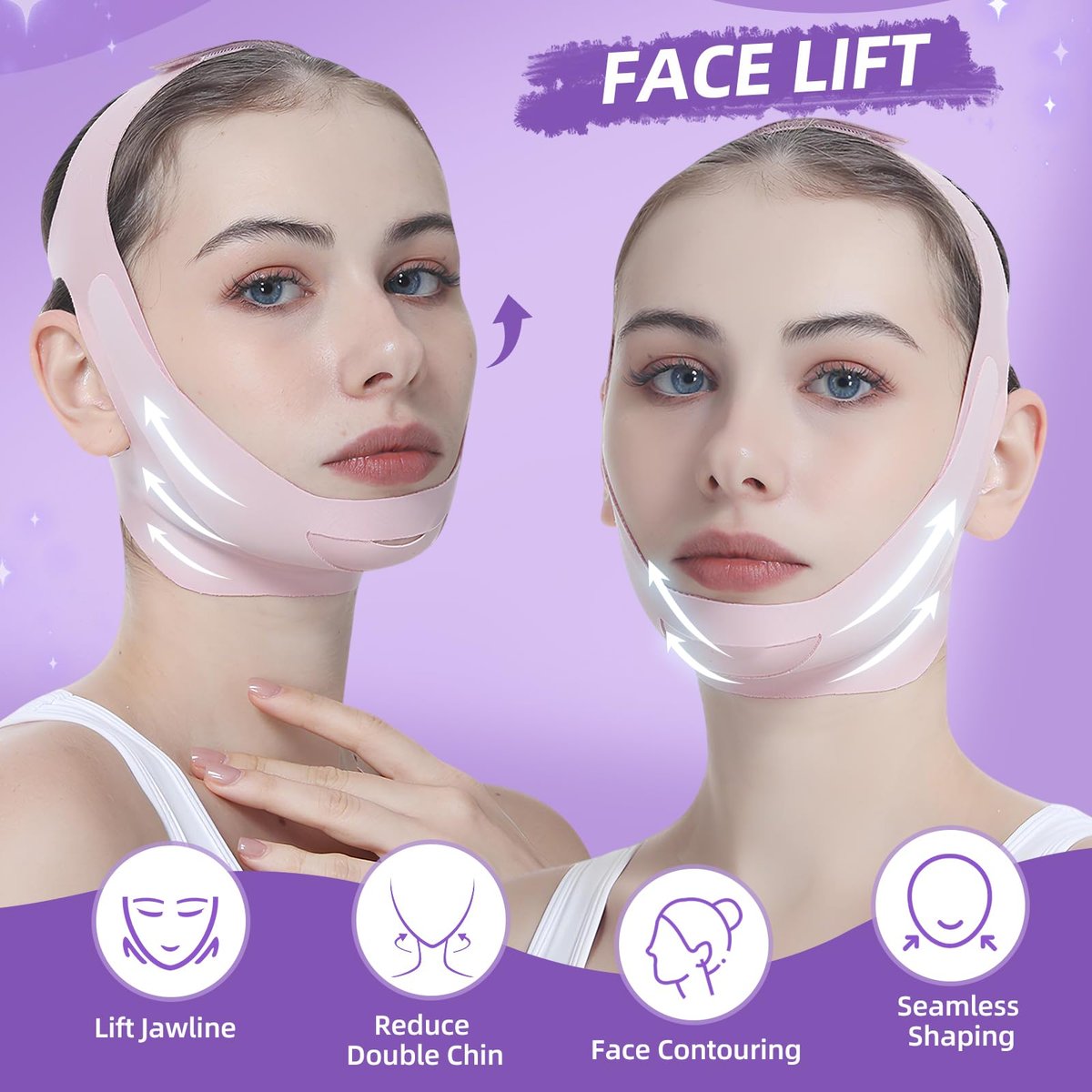 PRAVETTE Facial Lifting Belt - V Line Lifting Mask Chin Strap, Adjustable Face Lift Tape for Double Chin Reducer, Jawline Shaper, 3D Contoured Design for Facial Shaping and Sleeping - görsel 4