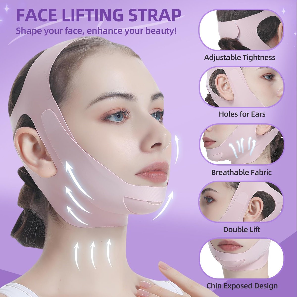 PRAVETTE Facial Lifting Belt - V Line Lifting Mask Chin Strap, Adjustable Face Lift Tape for Double Chin Reducer, Jawline Shaper, 3D Contoured Design for Facial Shaping and Sleeping - görsel 8