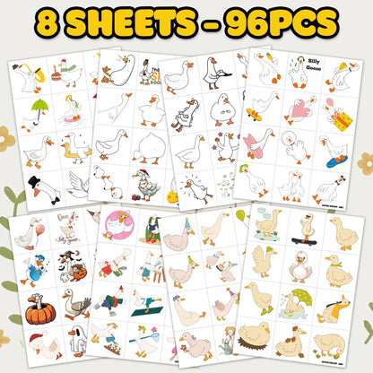 96PCS Silly Goose Temporary Tattoos - Pre-Cut Funny Farm Animal Party Favors, 1st Birthday Decor, Cute Geese & Duck Meme Stickers for Kids, Boys, Girls, School Prizes