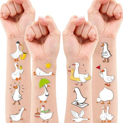 96PCS Silly Goose Temporary Tattoos - Pre-Cut Funny Farm Animal Party Favors, 1st Birthday Decor, Cute Geese & Duck Meme Stickers for Kids, Boys, Girls, School Prizes