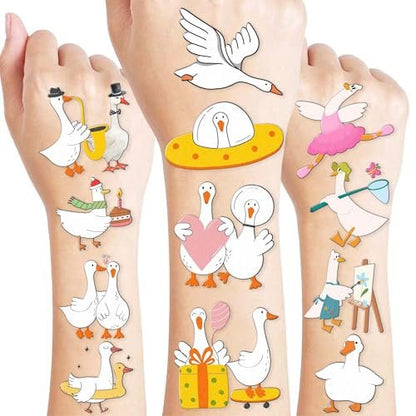 96PCS Silly Goose Temporary Tattoos - Pre-Cut Funny Farm Animal Party Favors, 1st Birthday Decor, Cute Geese & Duck Meme Stickers for Kids, Boys, Girls, School Prizes