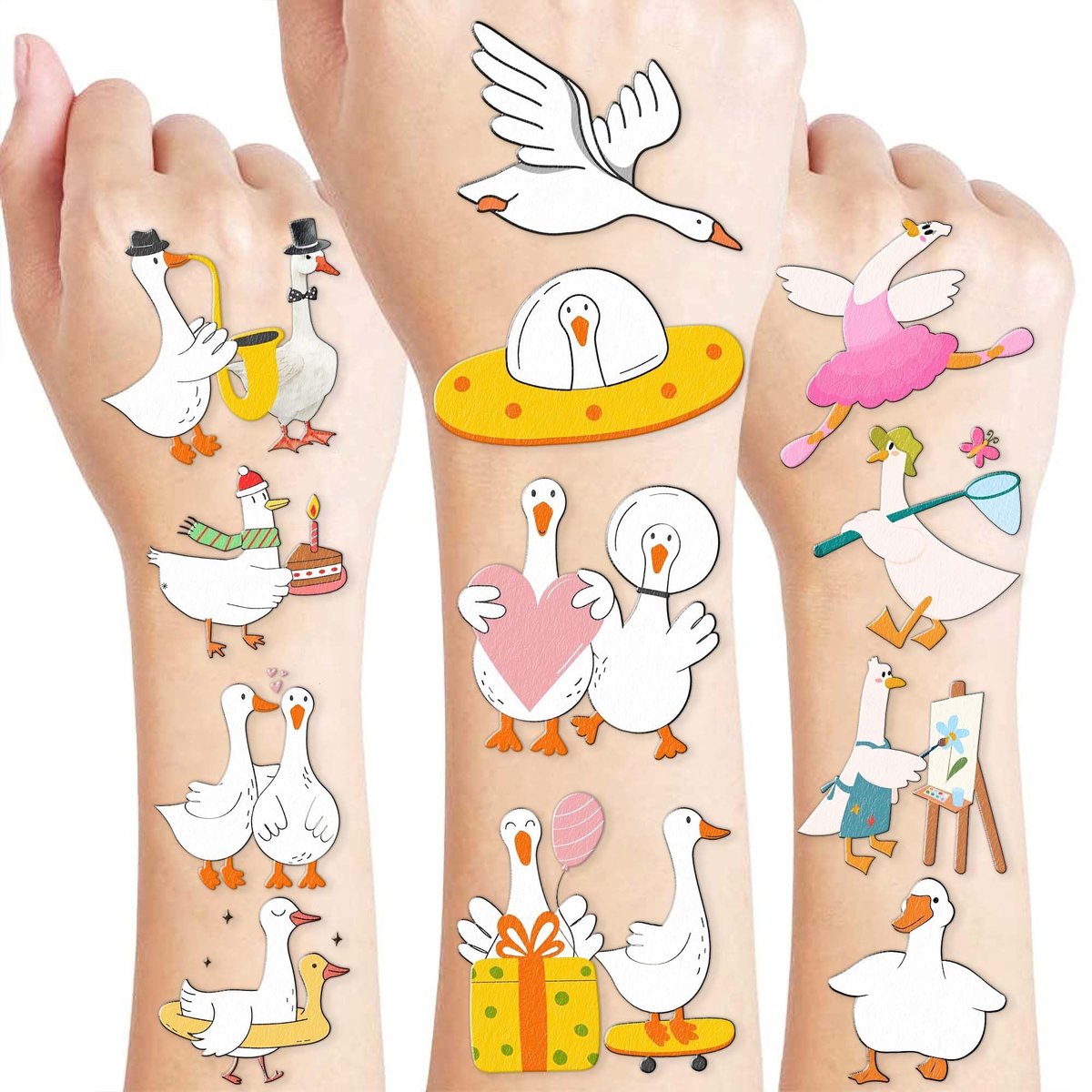 96PCS Silly Goose Temporary Tattoos - Pre-Cut Funny Farm Animal Party Favors, 1st Birthday Decor, Cute Geese & Duck Meme Stickers for Kids, Boys, Girls, School Prizes - görsel 1