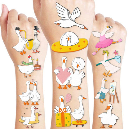 96PCS Silly Goose Temporary Tattoos - Pre-Cut Funny Farm Animal Party Favors, 1st Birthday Decor, Cute Geese & Duck Meme Stickers for Kids, Boys, Girls, School Prizes