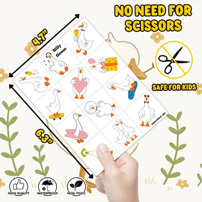 96PCS Silly Goose Temporary Tattoos - Pre-Cut Funny Farm Animal Party Favors, 1st Birthday Decor, Cute Geese & Duck Meme Stickers for Kids, Boys, Girls, School Prizes