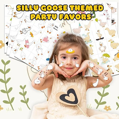 96PCS Silly Goose Temporary Tattoos - Pre-Cut Funny Farm Animal Party Favors, 1st Birthday Decor, Cute Geese & Duck Meme Stickers for Kids, Boys, Girls, School Prizes