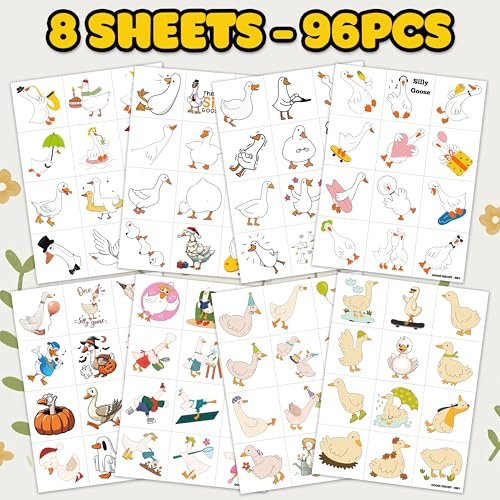 96PCS Silly Goose Temporary Tattoos - Pre-Cut Funny Farm Animal Party Favors, 1st Birthday Decor, Cute Geese & Duck Meme Stickers for Kids, Boys, Girls, School Prizes - görsel 6