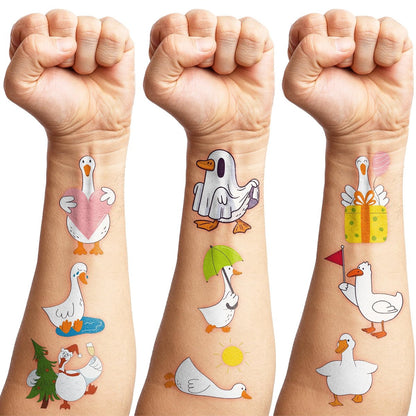 96PCS Silly Goose Temporary Tattoos - Pre-Cut Funny Farm Animal Party Favors, 1st Birthday Decor, Cute Geese & Duck Meme Stickers for Kids, Boys, Girls, School Prizes