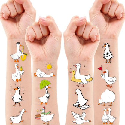 96PCS Silly Goose Temporary Tattoos - Pre-Cut Funny Farm Animal Party Favors, 1st Birthday Decor, Cute Geese & Duck Meme Stickers for Kids, Boys, Girls, School Prizes