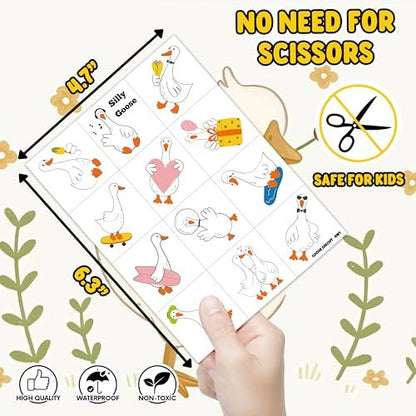 96PCS Silly Goose Temporary Tattoos - Pre-Cut Funny Farm Animal Party Favors, 1st Birthday Decor, Cute Geese & Duck Meme Stickers for Kids, Boys, Girls, School Prizes