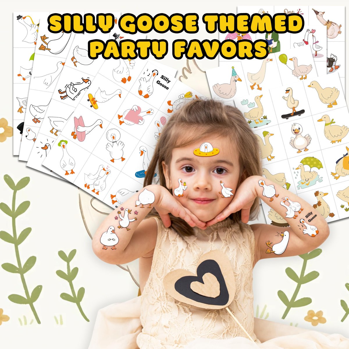 96PCS Silly Goose Temporary Tattoos - Pre-Cut Funny Farm Animal Party Favors, 1st Birthday Decor, Cute Geese & Duck Meme Stickers for Kids, Boys, Girls, School Prizes - görsel 3
