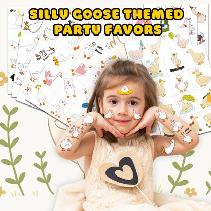 96PCS Silly Goose Temporary Tattoos - Pre-Cut Funny Farm Animal Party Favors, 1st Birthday Decor, Cute Geese & Duck Meme Stickers for Kids, Boys, Girls, School Prizes