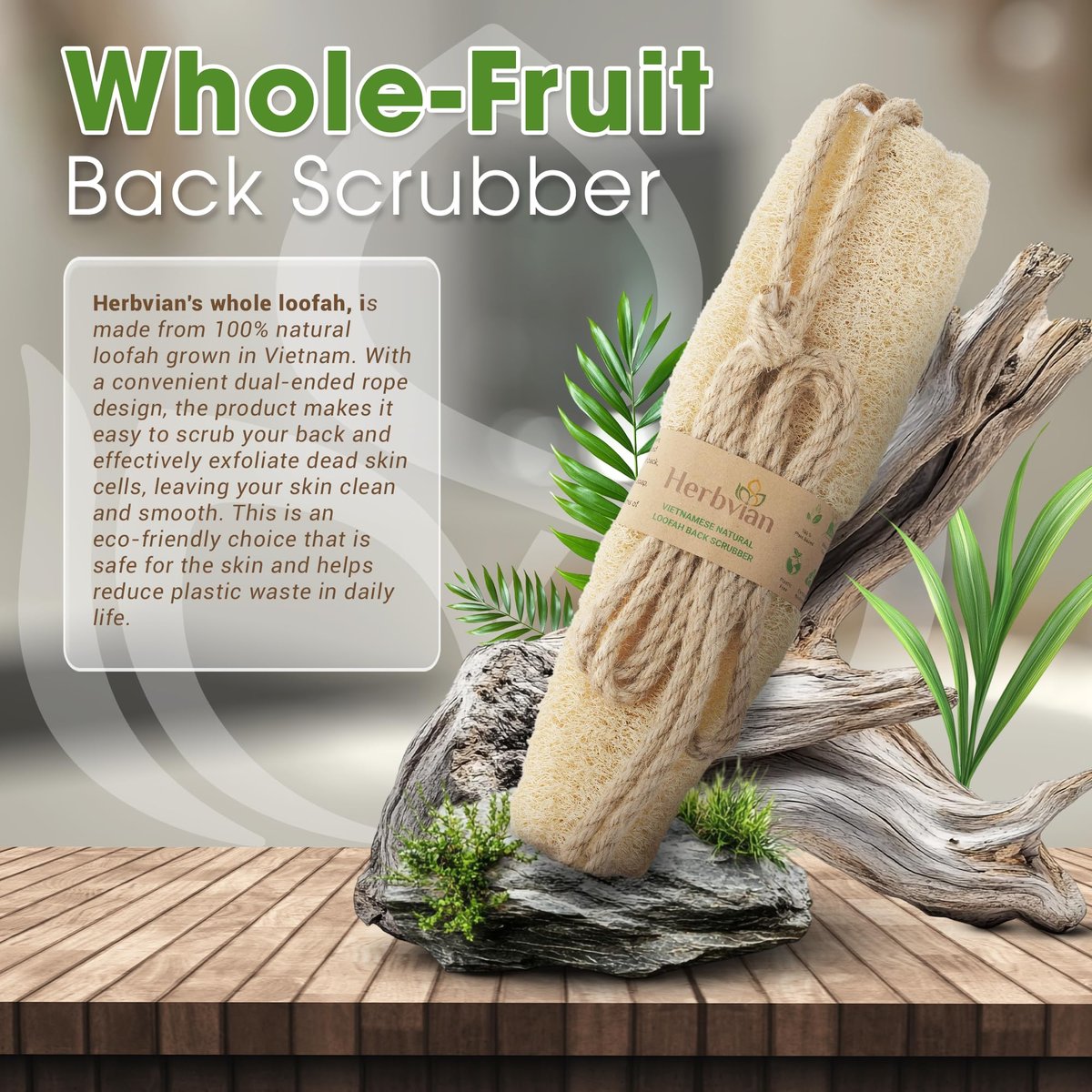 Herbvian Vietnamese Natural Loofah Back Scrubber - 100% Plant-Based Exfoliation Shower Sponge, Handcrafted Whole Loofah Gourd with Jute Fiber Handle, Suitable for Men & Women (1-Pack) Avelisse