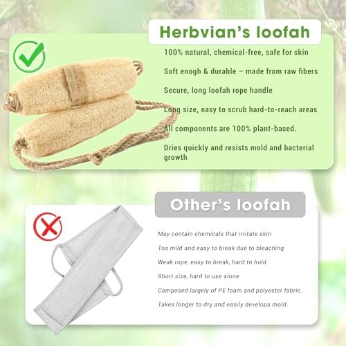 Herbvian Vietnamese Natural Loofah Back Scrubber - 100% Plant-Based Exfoliation Shower Sponge, Handcrafted Whole Loofah Gourd with Jute Fiber Handle, Suitable for Men & Women (1-Pack) Avelisse