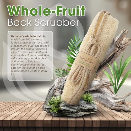 Herbvian Vietnamese Natural Loofah Back Scrubber - 100% Plant-Based Exfoliation Shower Sponge, Handcrafted Whole Loofah Gourd with Jute Fiber Handle, Suitable for Men & Women (1-Pack) Avelisse
