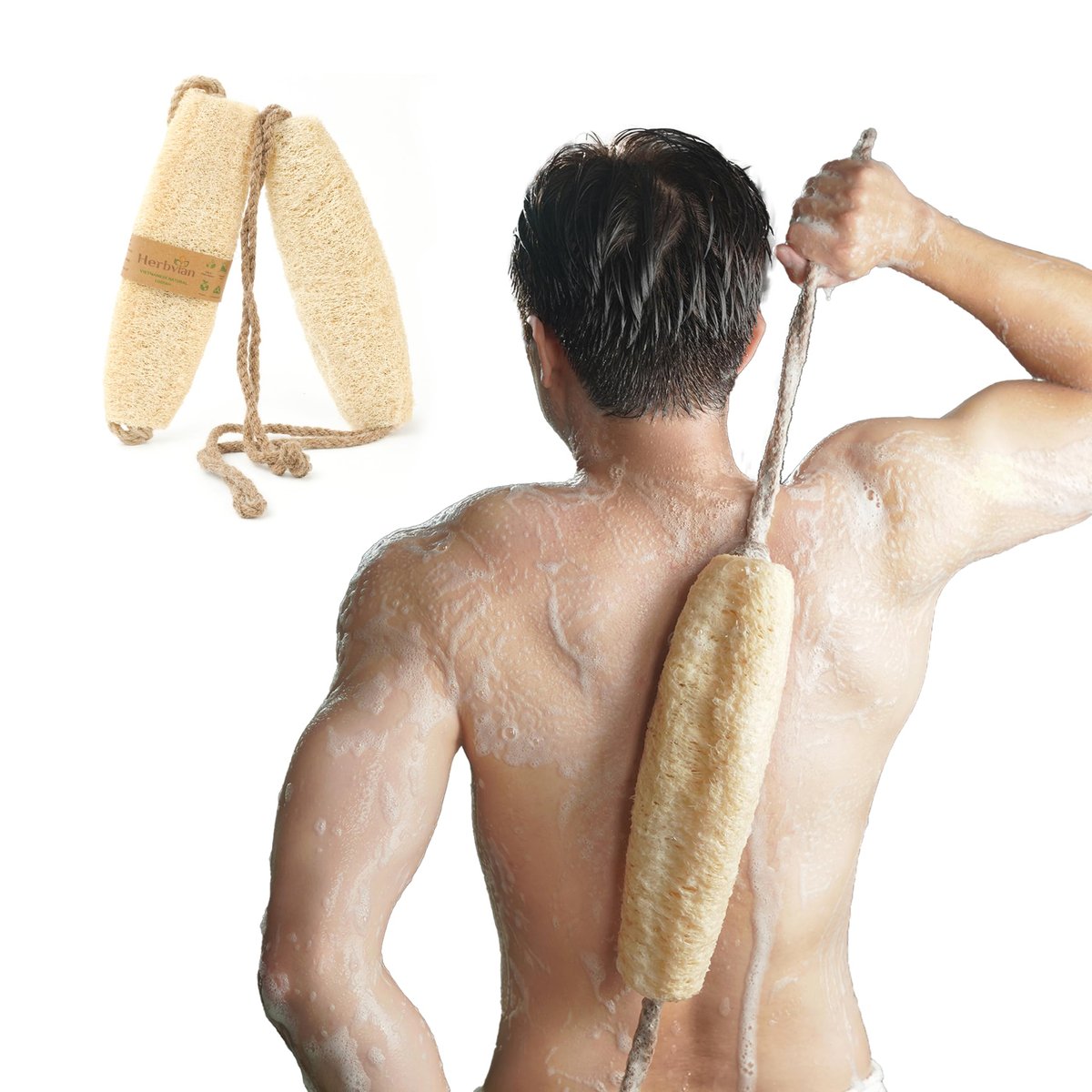 Herbvian Vietnamese Natural Loofah Back Scrubber - 100% Plant-Based Exfoliation Shower Sponge, Handcrafted Whole Loofah Gourd with Jute Fiber Handle, Suitable for Men & Women (1-Pack) Avelisse