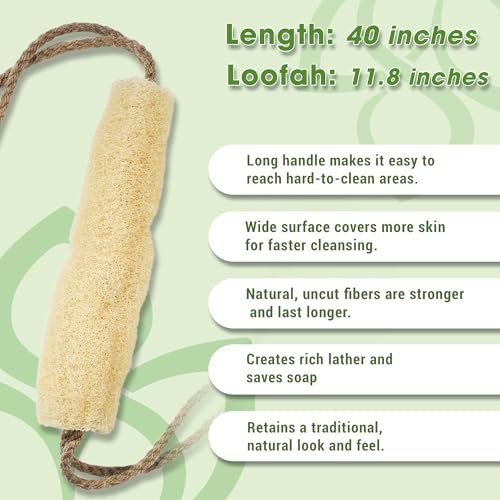 Herbvian Vietnamese Natural Loofah Back Scrubber - 100% Plant-Based Exfoliation Shower Sponge, Handcrafted Whole Loofah Gourd with Jute Fiber Handle, Suitable for Men & Women (1-Pack) Avelisse