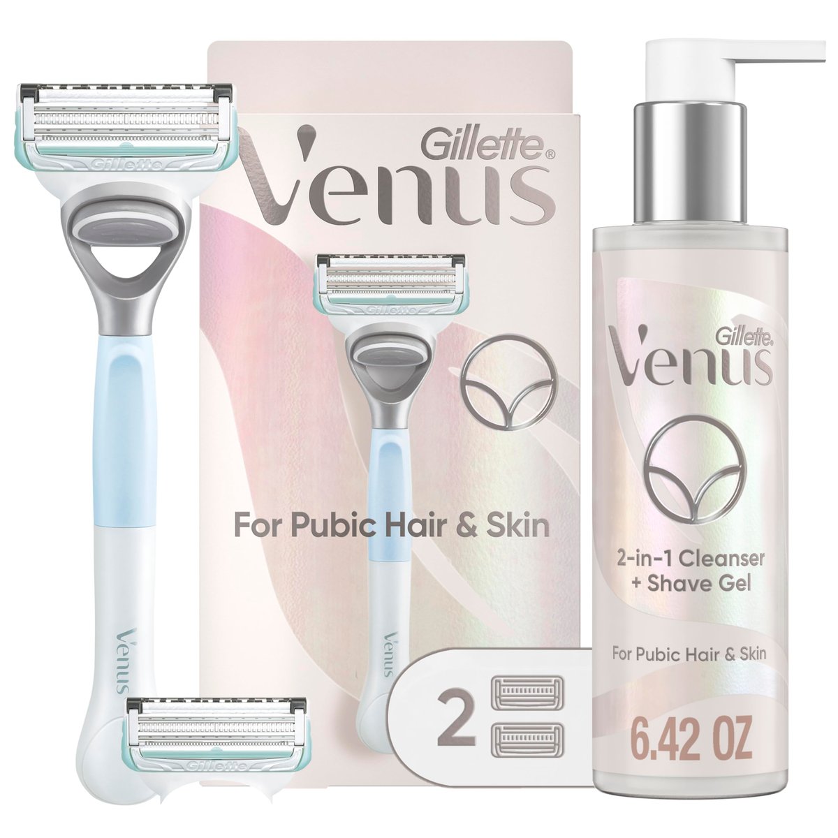 Gillette Venus for Pubic Hair and Skin Shaving Set - Women's Razor with 1 Handle, 2 Blade Refills, and 2-in-1 Cleanser Avelisse