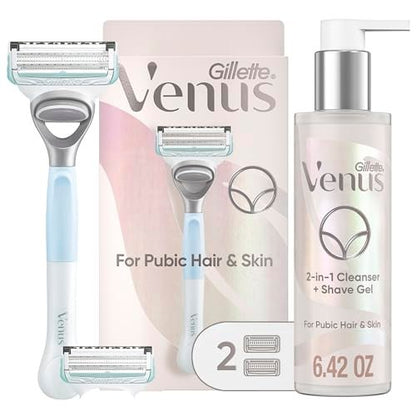 Gillette Venus for Pubic Hair and Skin Shaving Set - Women's Razor with 1 Handle, 2 Blade Refills, and 2-in-1 Cleanser Avelisse