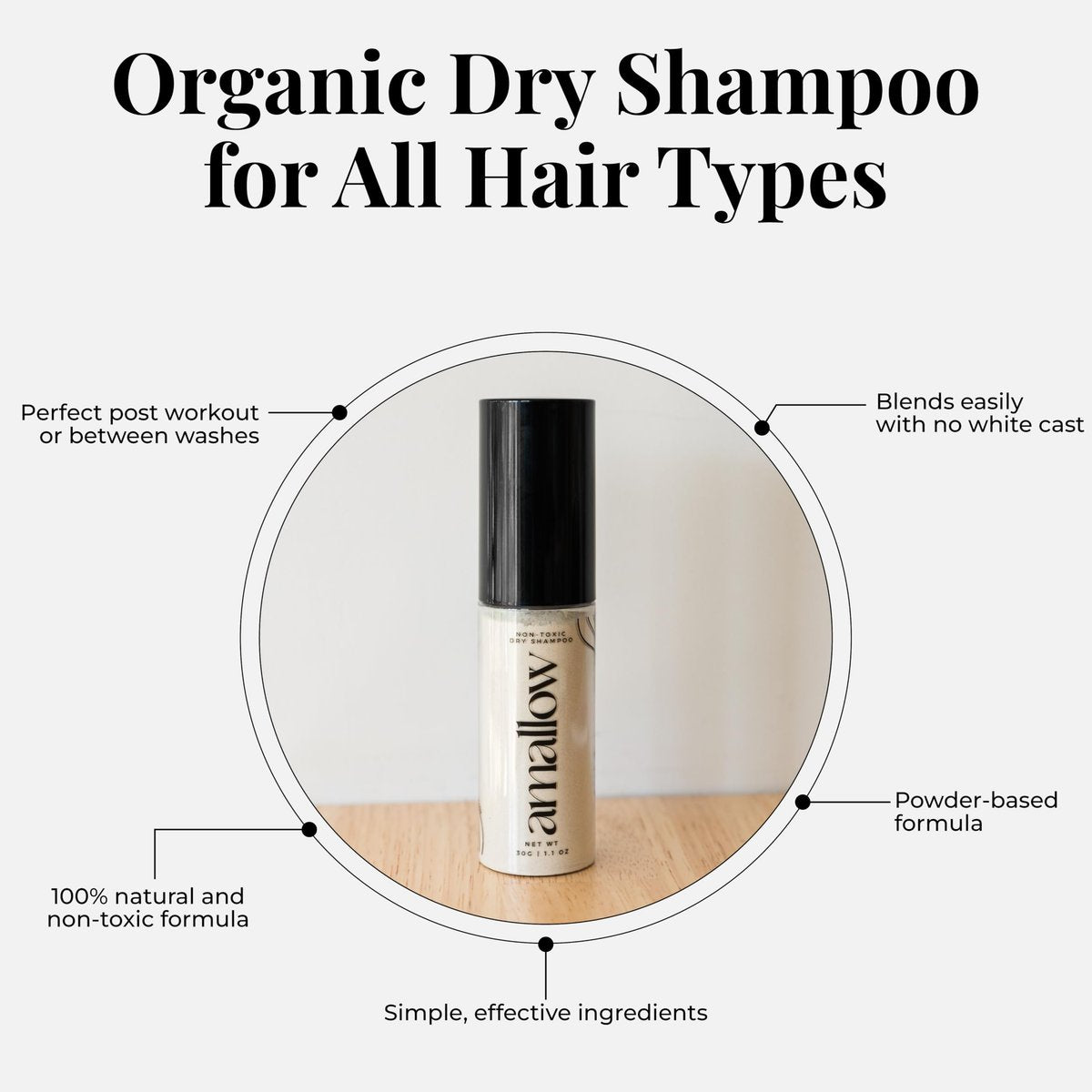 Amallow Non Toxic Dry Shampoo Powder - Organic Ingredients, No Talc, No Aerosol - For Men & Women - Travel Size Avelisse