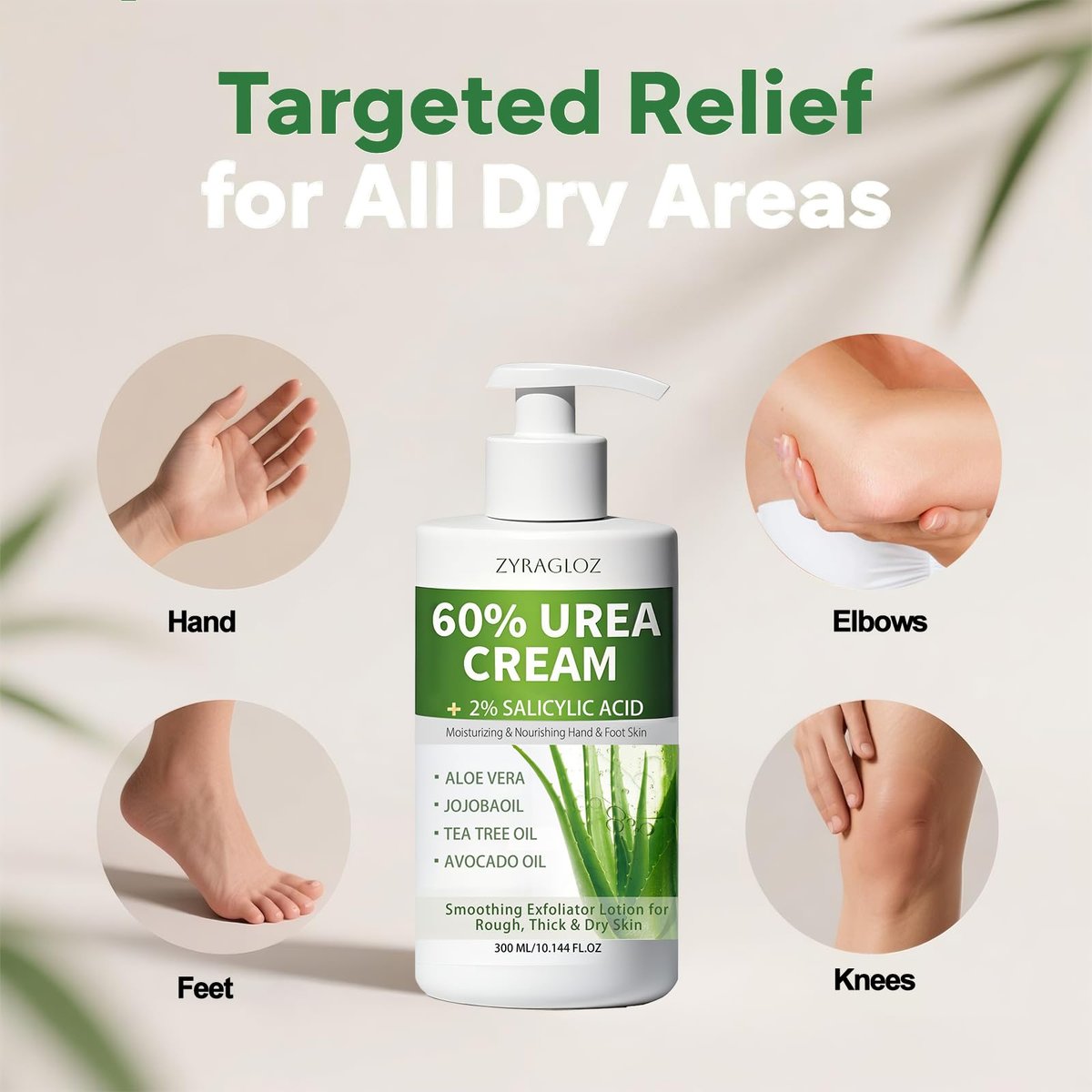 ZyraGloz 60% Urea Cream with 2% Salicylic Acid – Maximum Strength Moisturizer for Dry, Cracked Heels, Feet, Hands, Knees & Elbows – Callus Remover – 10.1 fl oz Avelisse