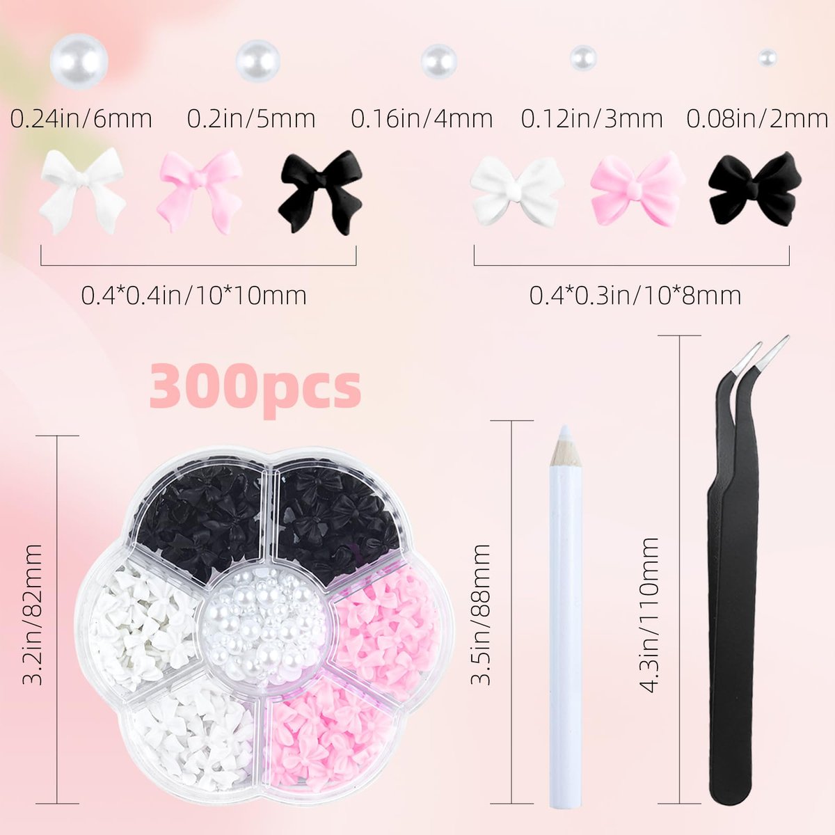 300Pcs 3D Bow Nail Charms and Flatback Pearls Set – Black, White, Pink Bowknot Nail Stud Rhinestones Crystal for Manicure DIY - görsel 3