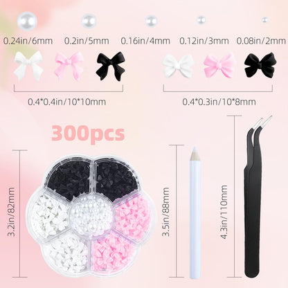 300Pcs 3D Bow Nail Charms and Flatback Pearls Set – Black, White, Pink Bowknot Nail Stud Rhinestones Crystal for Manicure DIY