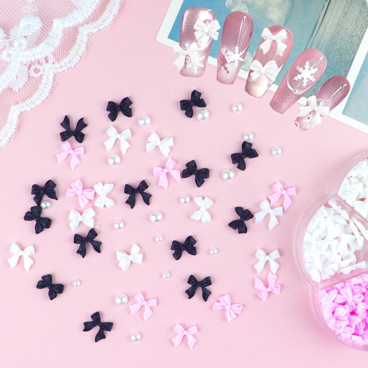 300Pcs 3D Bow Nail Charms and Flatback Pearls Set – Black, White, Pink Bowknot Nail Stud Rhinestones Crystal for Manicure DIY - görsel 5