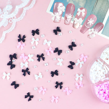 300Pcs 3D Bow Nail Charms and Flatback Pearls Set – Black, White, Pink Bowknot Nail Stud Rhinestones Crystal for Manicure DIY