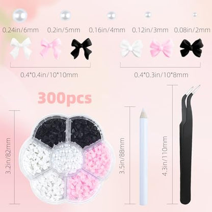 300Pcs 3D Bow Nail Charms and Flatback Pearls Set – Black, White, Pink Bowknot Nail Stud Rhinestones Crystal for Manicure DIY