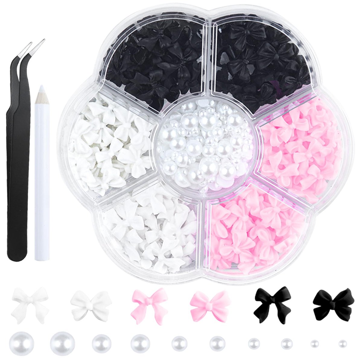 300Pcs 3D Bow Nail Charms and Flatback Pearls Set – Black, White, Pink Bowknot Nail Stud Rhinestones Crystal for Manicure DIY - görsel 1