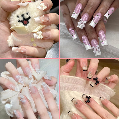 300Pcs 3D Bow Nail Charms and Flatback Pearls Set – Black, White, Pink Bowknot Nail Stud Rhinestones Crystal for Manicure DIY