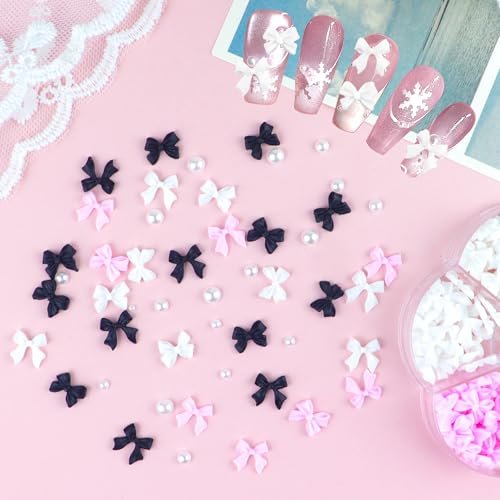 300Pcs 3D Bow Nail Charms and Flatback Pearls Set – Black, White, Pink Bowknot Nail Stud Rhinestones Crystal for Manicure DIY - görsel 6