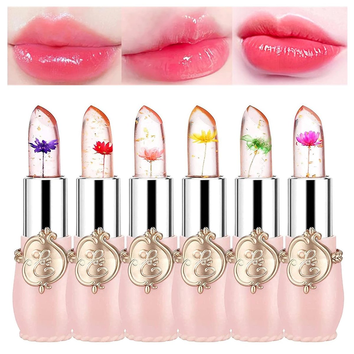 BONNIE CHOICE 6 Pcs Crystal Flower Jelly Lipstick Set - Temperature Change Moisturizing Long Lasting Lip Balm Magic Color Change Lip Gloss Makeup - görsel 1