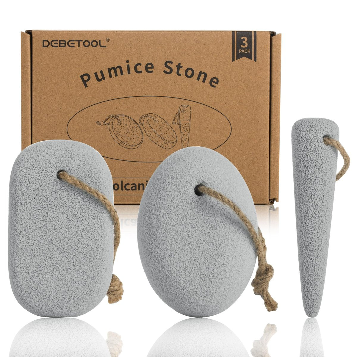 DEBETOOL Foot Pumice Stone for Feet Dead Skin Removal - 3-Pack Natural Volcanic Pumice Stone Set (Round, Oval, Cone) with Hanging Rope, Hard Skin & Callus Remover for Heels, Toes Avelisse