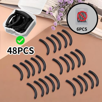 48-Pack Eyelash Curler Refill Pads – Silicone Soft Rubber Compatible with Shiseido & Universal Curlers, Black