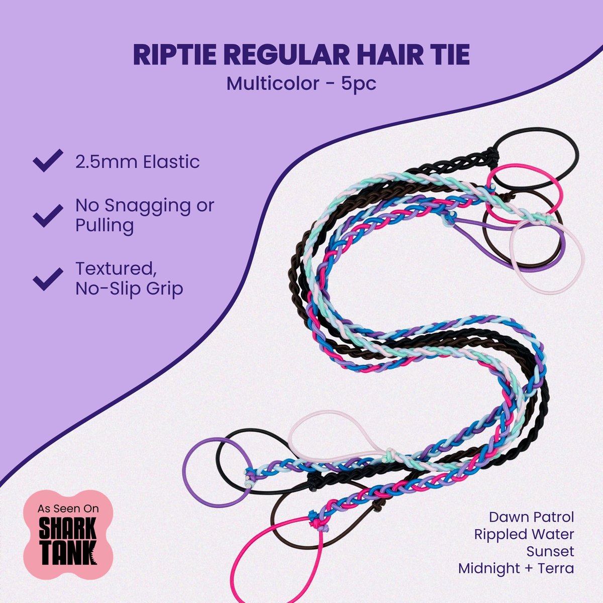 Rip Tie Regular Tangle-Free Hair Tie for Women – Nylon Hair Elastic, Multicolor 5-Pack for Medium-Thick Hair Avelisse