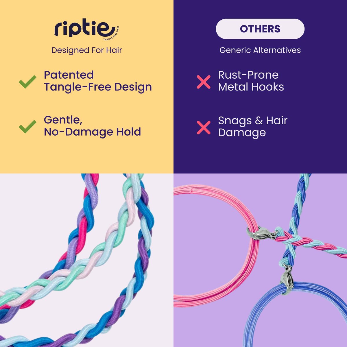 Rip Tie Regular Tangle-Free Hair Tie for Women – Nylon Hair Elastic, Multicolor 5-Pack for Medium-Thick Hair Avelisse