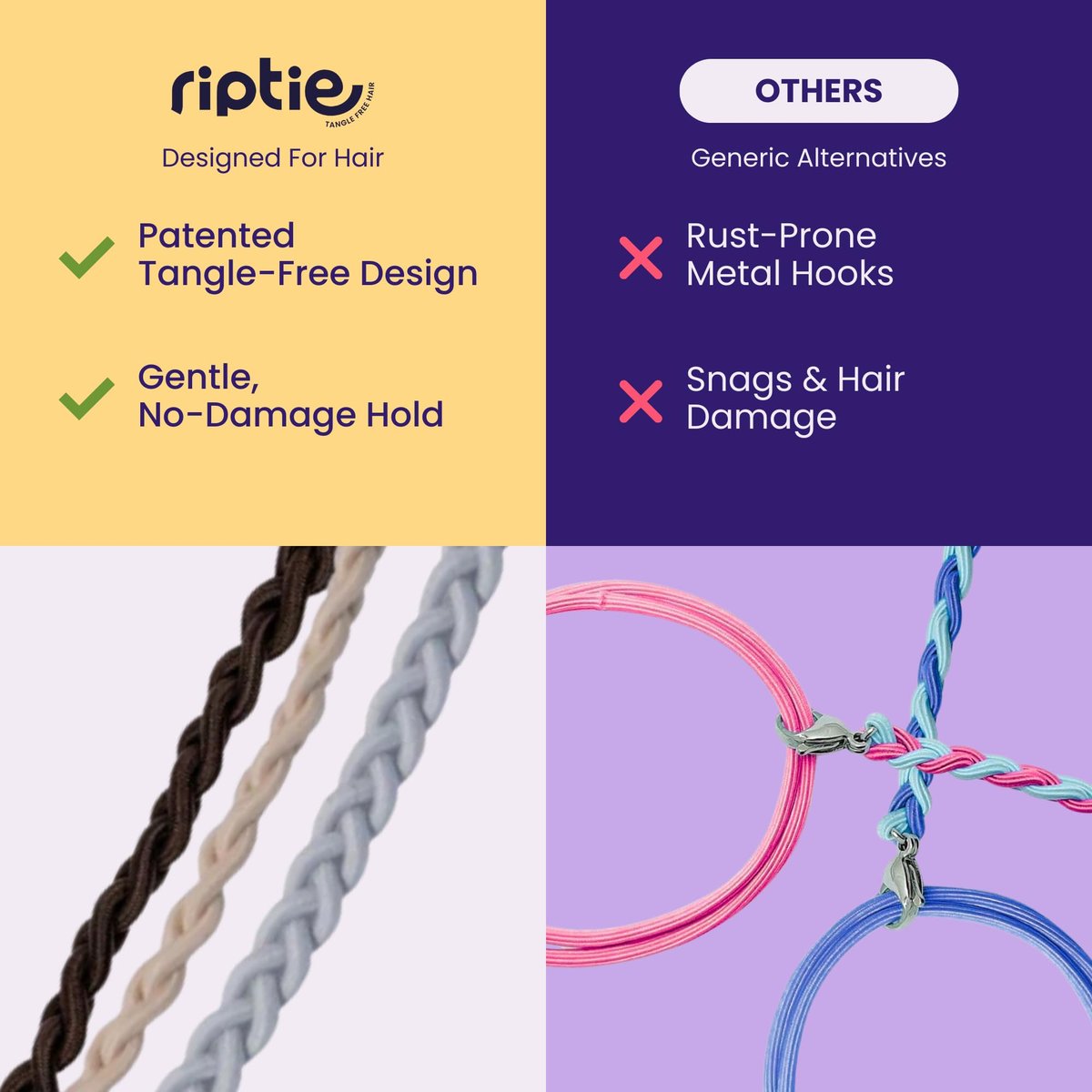 Rip Tie Regular Soft Tangle-Free Hair Ties for Women - Nylon Hair Elastic, Colorful Hair Accessory - As Seen on Shark Tank - 3 Pack Neutrals Avelisse