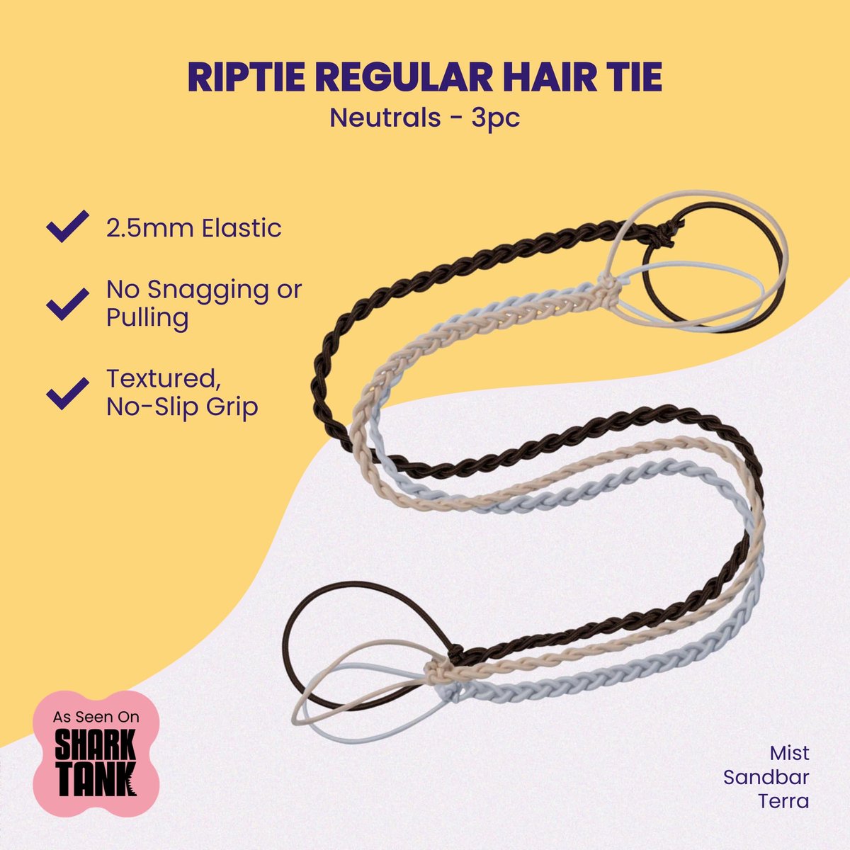 Rip Tie Regular Soft Tangle-Free Hair Ties for Women - Nylon Hair Elastic, Colorful Hair Accessory - As Seen on Shark Tank - 3 Pack Neutrals Avelisse