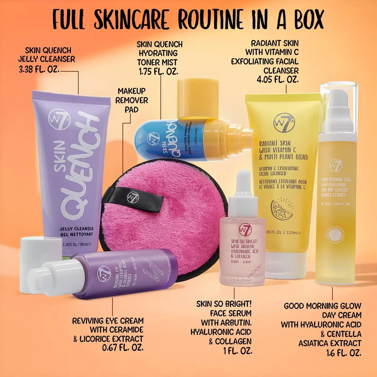 W7 Beauty Blast Skincare Secrets Set - Complete Full Size Skincare Routine with Day Cream, Serum, Cleanser, Toner Mist, Eye Cream & Makeup Remover Pad Avelisse