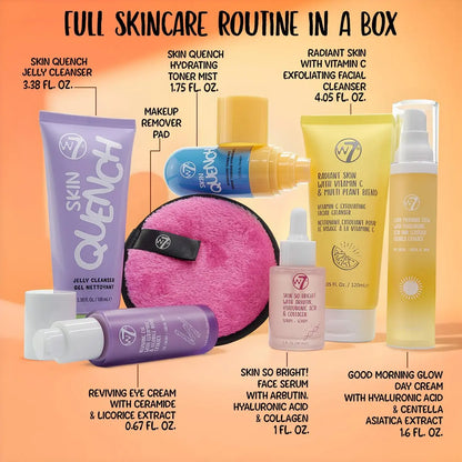 W7 Beauty Blast Skincare Secrets Set - Complete Full Size Skincare Routine with Day Cream, Serum, Cleanser, Toner Mist, Eye Cream & Makeup Remover Pad Avelisse