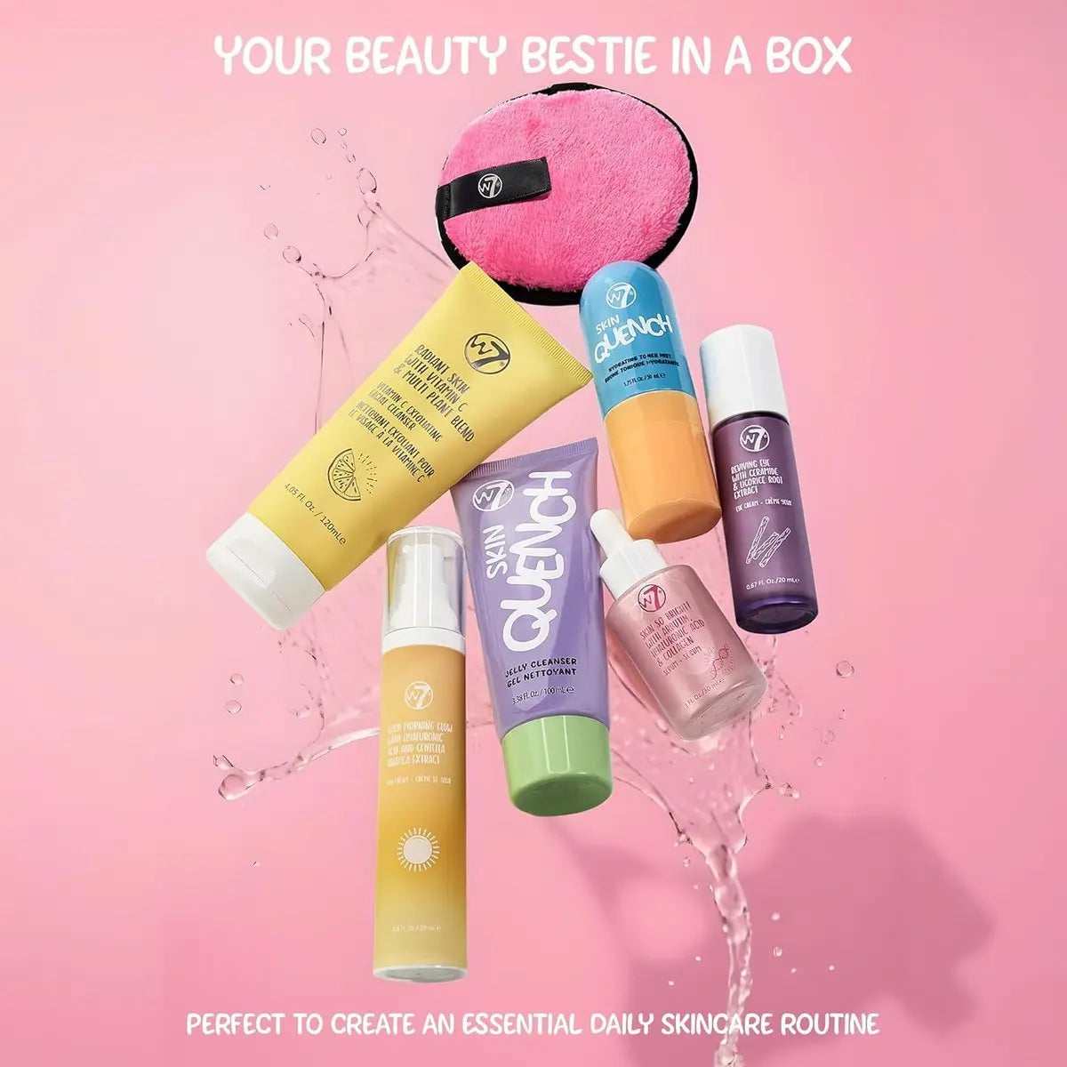 W7 Beauty Blast Skincare Secrets Set - Complete Full Size Skincare Routine with Day Cream, Serum, Cleanser, Toner Mist, Eye Cream & Makeup Remover Pad Avelisse