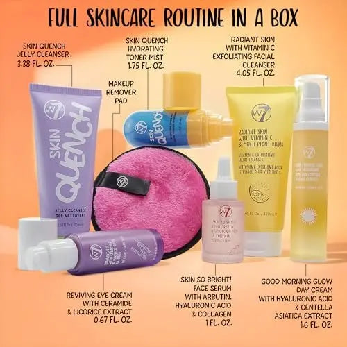 W7 Beauty Blast Skincare Secrets Set - Complete Full Size Skincare Routine with Day Cream, Serum, Cleanser, Toner Mist, Eye Cream & Makeup Remover Pad Avelisse
