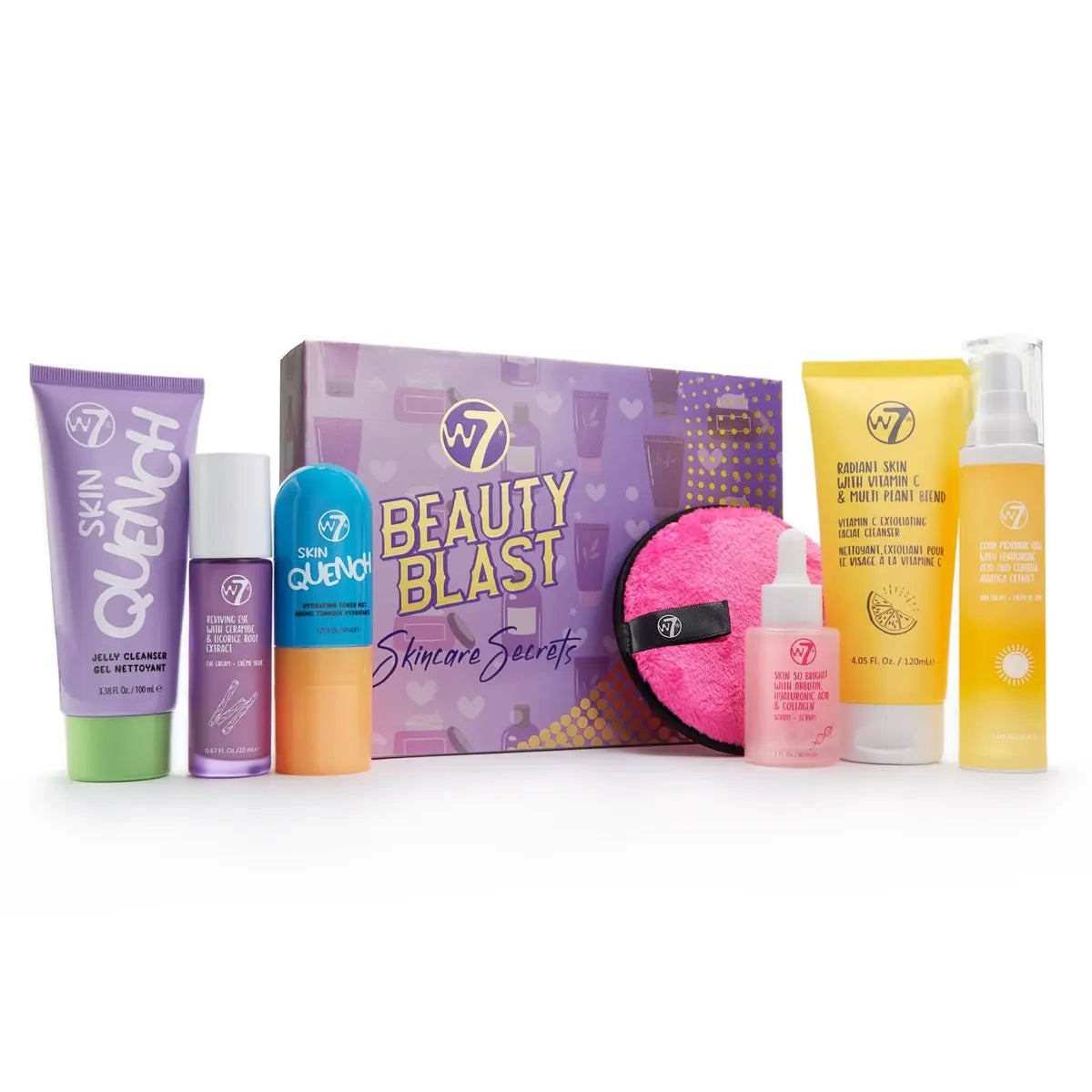 W7 Beauty Blast Skincare Secrets Set - Complete Full Size Skincare Routine with Day Cream, Serum, Cleanser, Toner Mist, Eye Cream & Makeup Remover Pad Avelisse