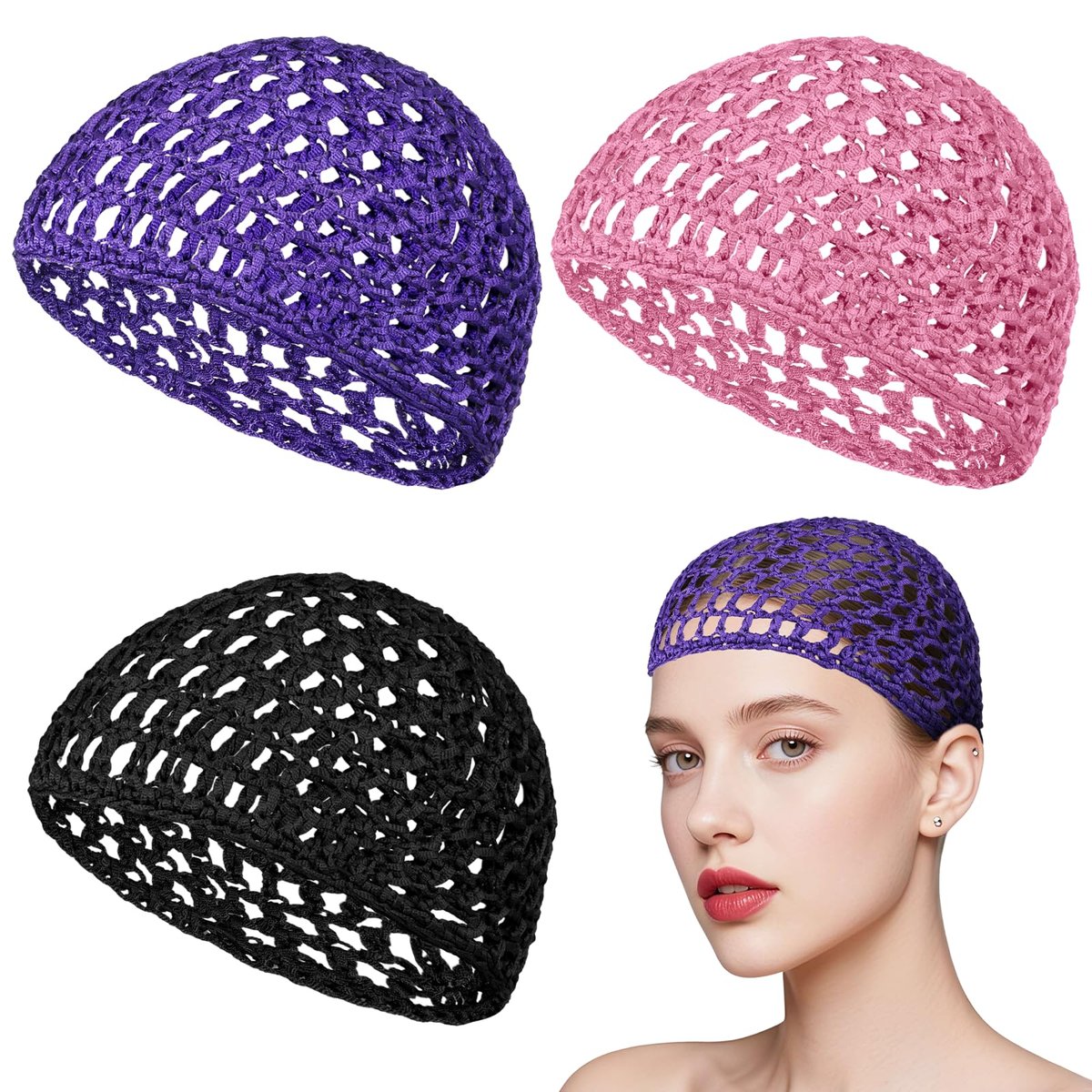 3-Pack Soft Mesh Hair Nets for Sleeping – Elastic Crochet Hair Wraps for Women, Thick, Long, Short or Curly Hair (Black, Pink, Blue) Avelisse