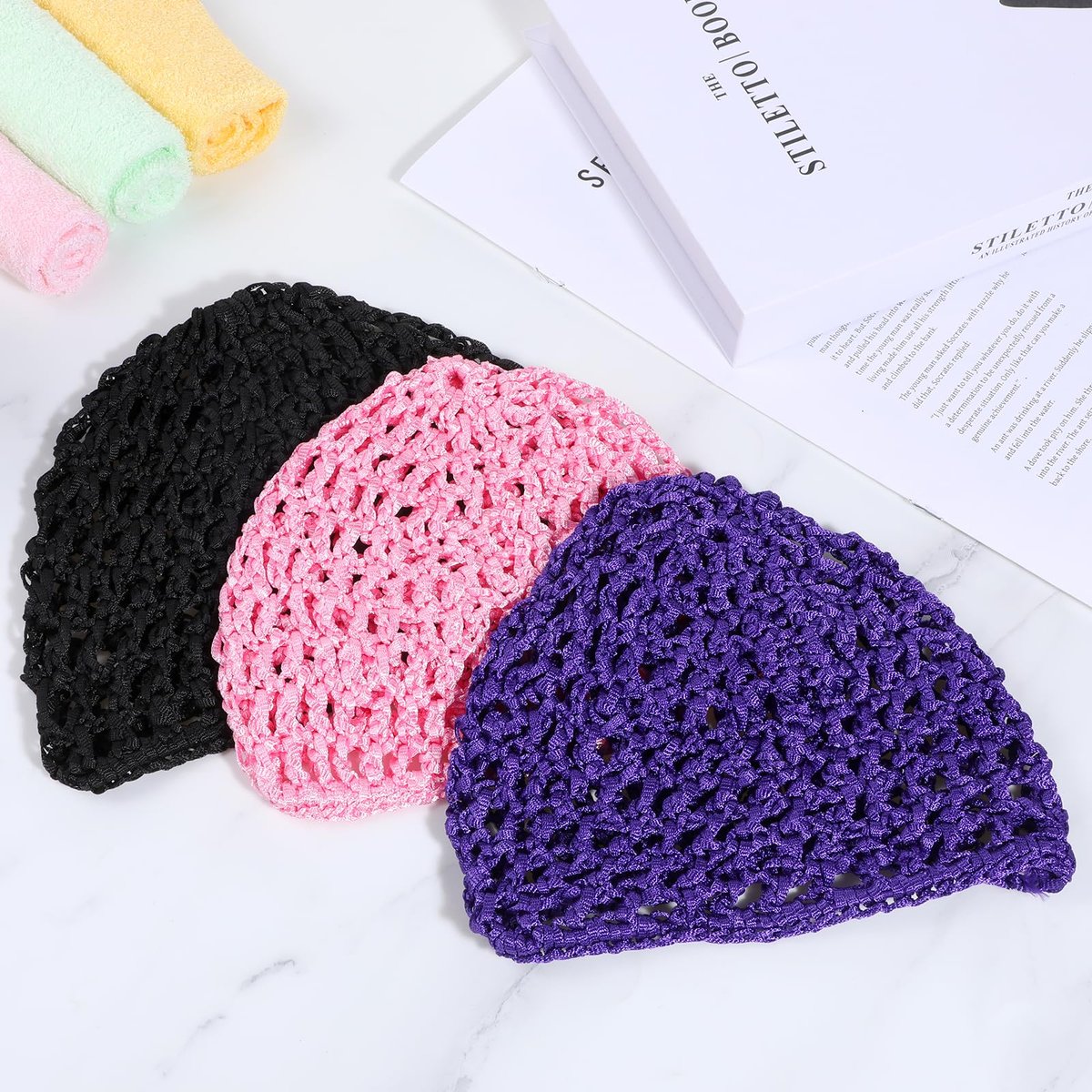 3-Pack Soft Mesh Hair Nets for Sleeping – Elastic Crochet Hair Wraps for Women, Thick, Long, Short or Curly Hair (Black, Pink, Blue) Avelisse