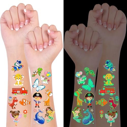 Habett Luminous Tattoos for Kids: 200+ Mixed Styles Temporary Tattoos Stickers Set for Girls and Boys - Space, Dinosaur, Animals, Butterfly Avelisse